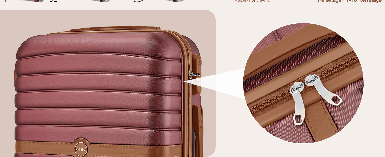 Чемодан KONO 3-в-1: ABS+PC, з коліщатками та кодовим замком (55см, ручна поклажа), червоно-коричневий