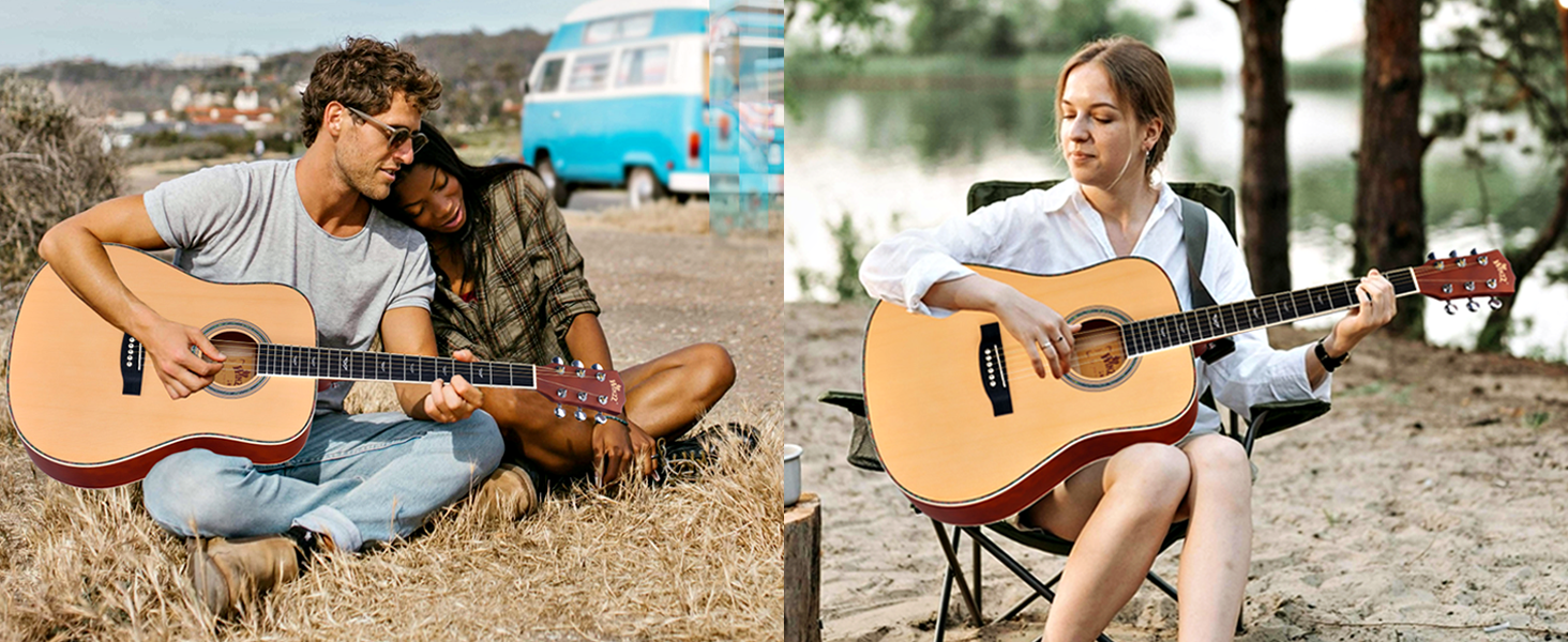 Акустична гітара Winzz 4/4 для початківців, 41 дюйм з чохлом, тюнером, ремінком, медіатором, запасним струною та підставкою (натуральний колір)