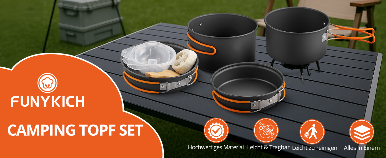 Набір посуду для кемпінгу FunyKich 17 предметів: каструлі, сковорідки, чашки, столові прибори. Підходить для 2 осіб, пікніків та походів.