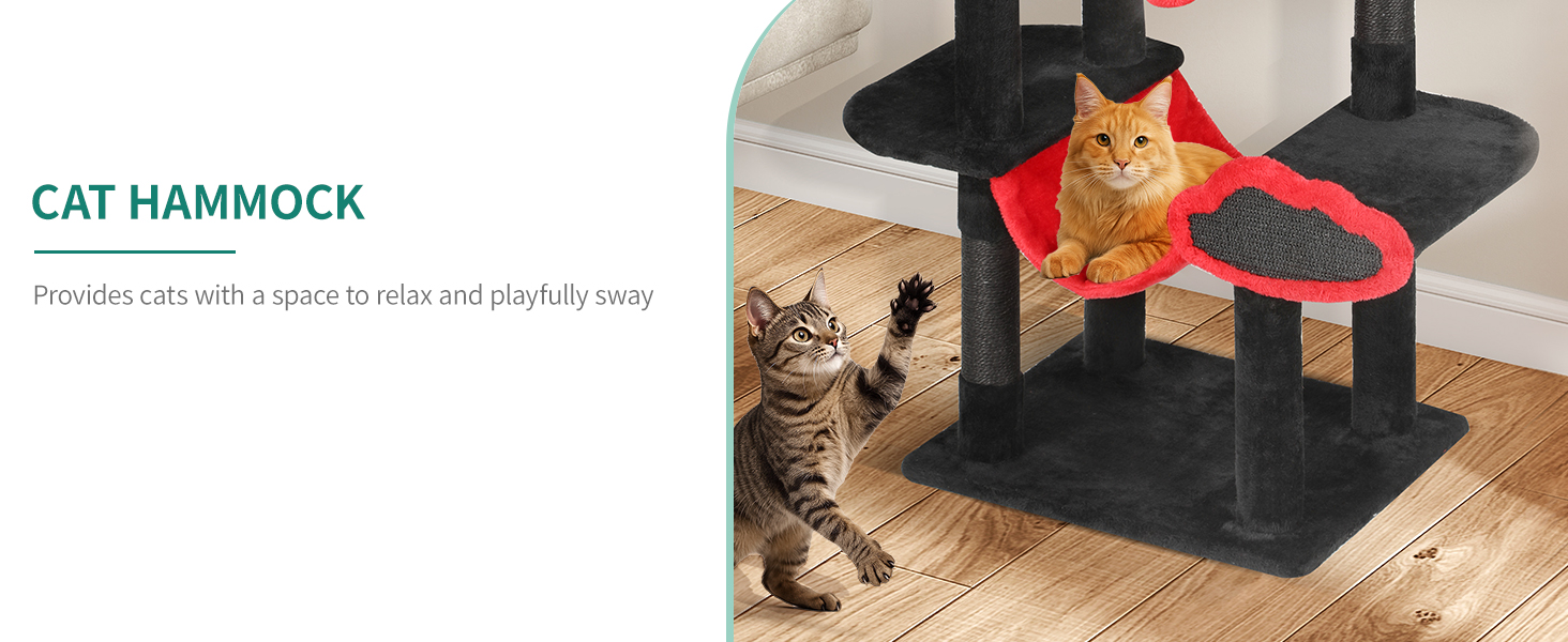 Котячий комплекс YITAHOME XXL, 142 см, з 8 стовпчиками сизалю, 3 платформами, 2 хованками, гамаком, іграшками, чорно-червоний