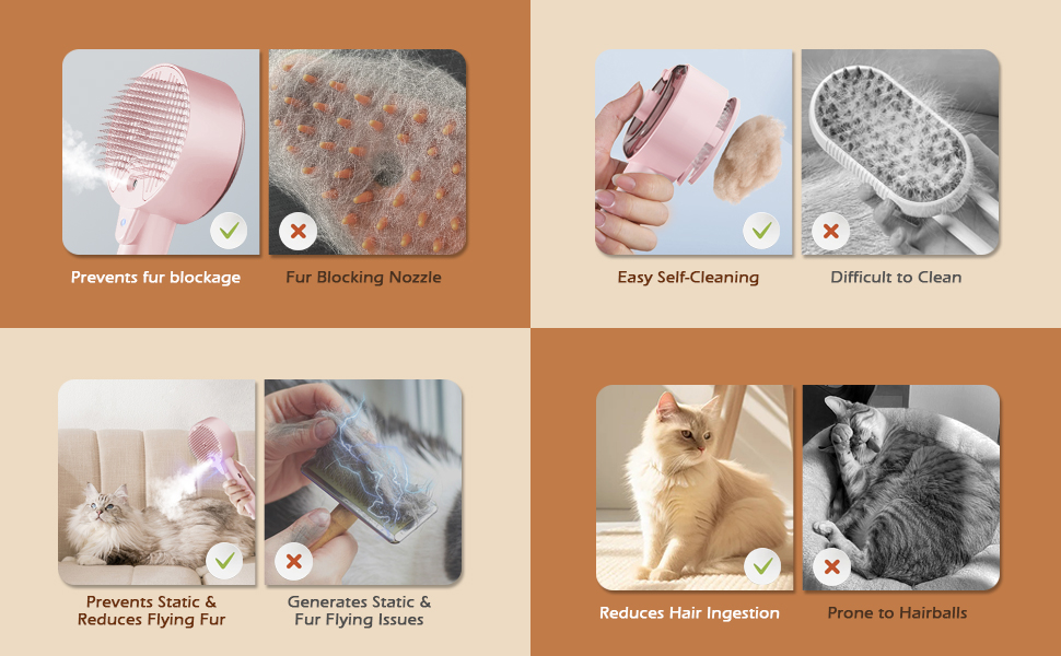 Парова щітка для котів 4-в-1, 4-в-1 парова щітка для котів, щітка для котів з водою, видаляє шерсть домашніх тварин одним натисканням кнопки, щітка для котів та собак (біла) (рожева)