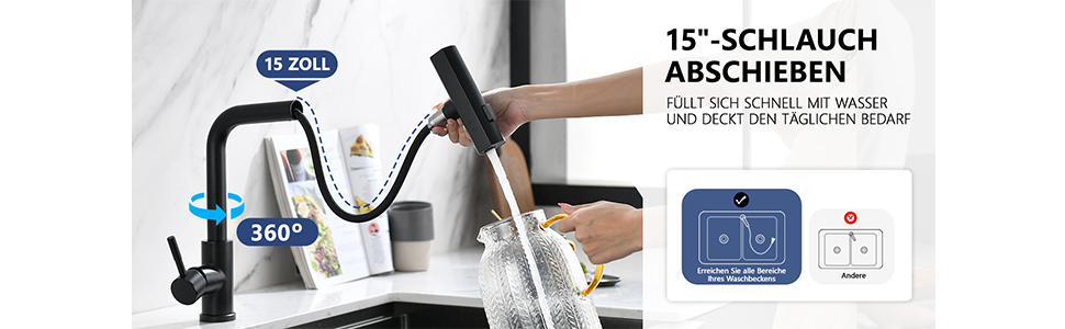 Кухонний змішувач AIMADI висувний, чорний, з 3-сторонньою душовою насадкою, 38 см шланг, однорідний міксер для холодної та гарячої води, для раковини та кухонного острова, водоспад, чорний