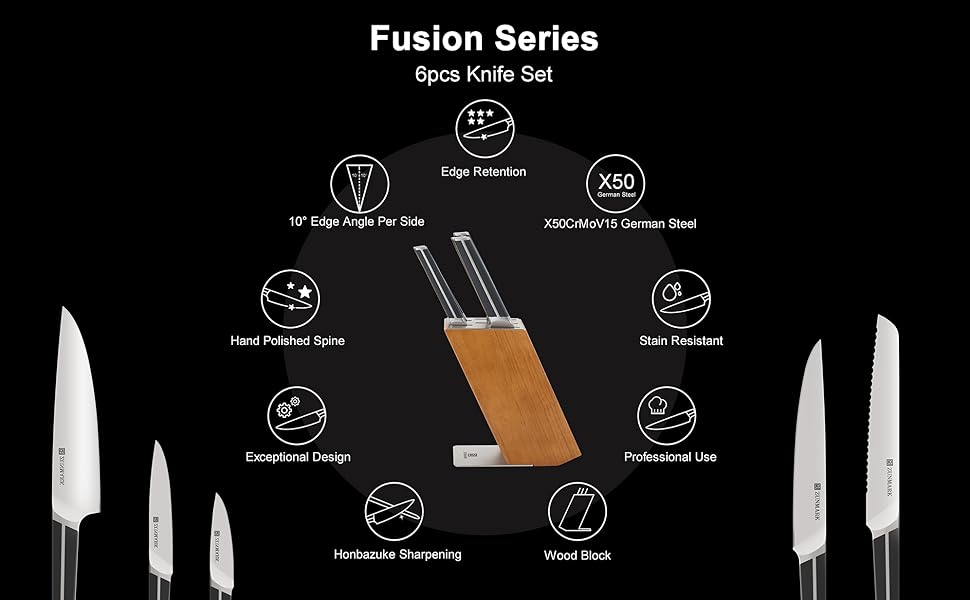 Набір ножів у блоці 13 предметів з нержавіючої сталі з ергономічними ручками, набір кухонних ножів для кухні, дерев'яний блок з шкіряним ремінцем