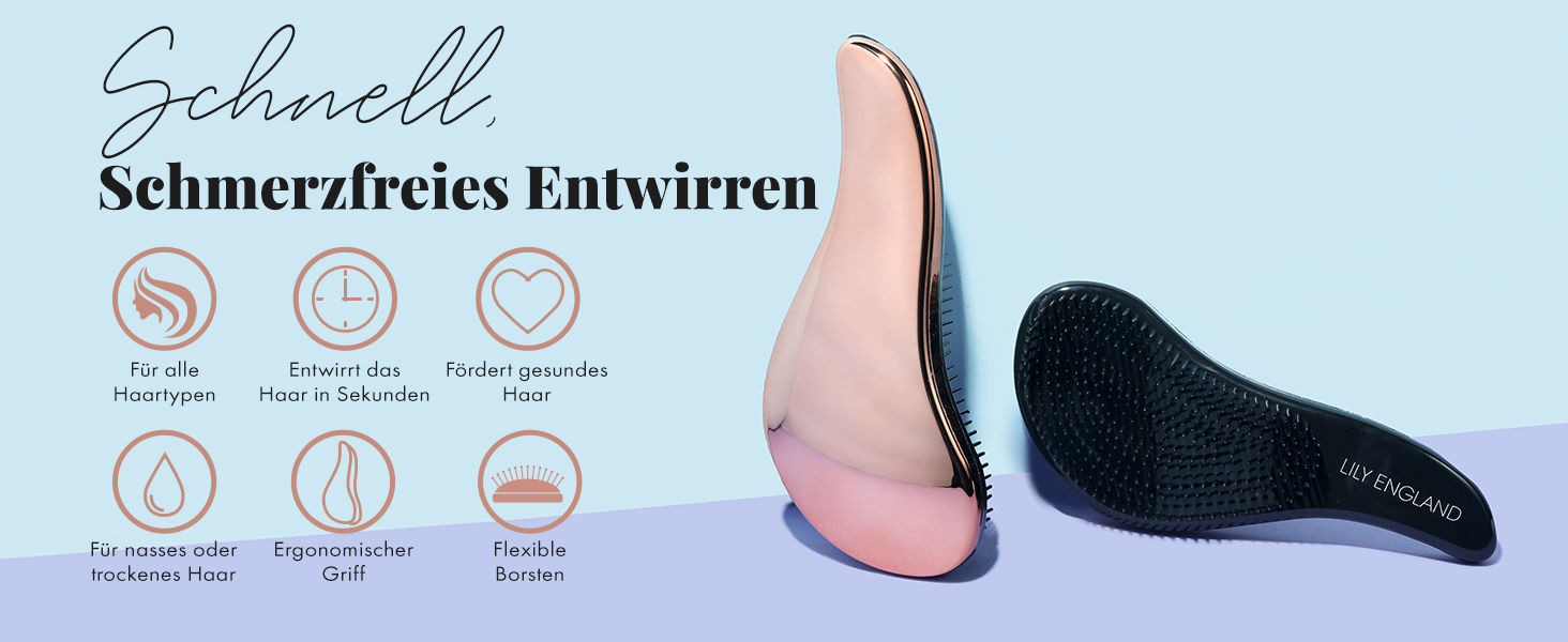 Розпушувальна щітка для волосся Lily England | Розпушує без пошкоджень | Підходить для всіх типів волосся, включаючи кучеряве та дитяче | Рожеве золото