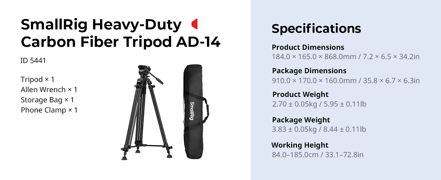 SMALLRIG 73'' важкий штатив для відеозйомки, вантажопідйомність 8 кг, QR-платформа Manfrotto 501PL, вага 3,1 кг, AD-14, 186 см (карбон)