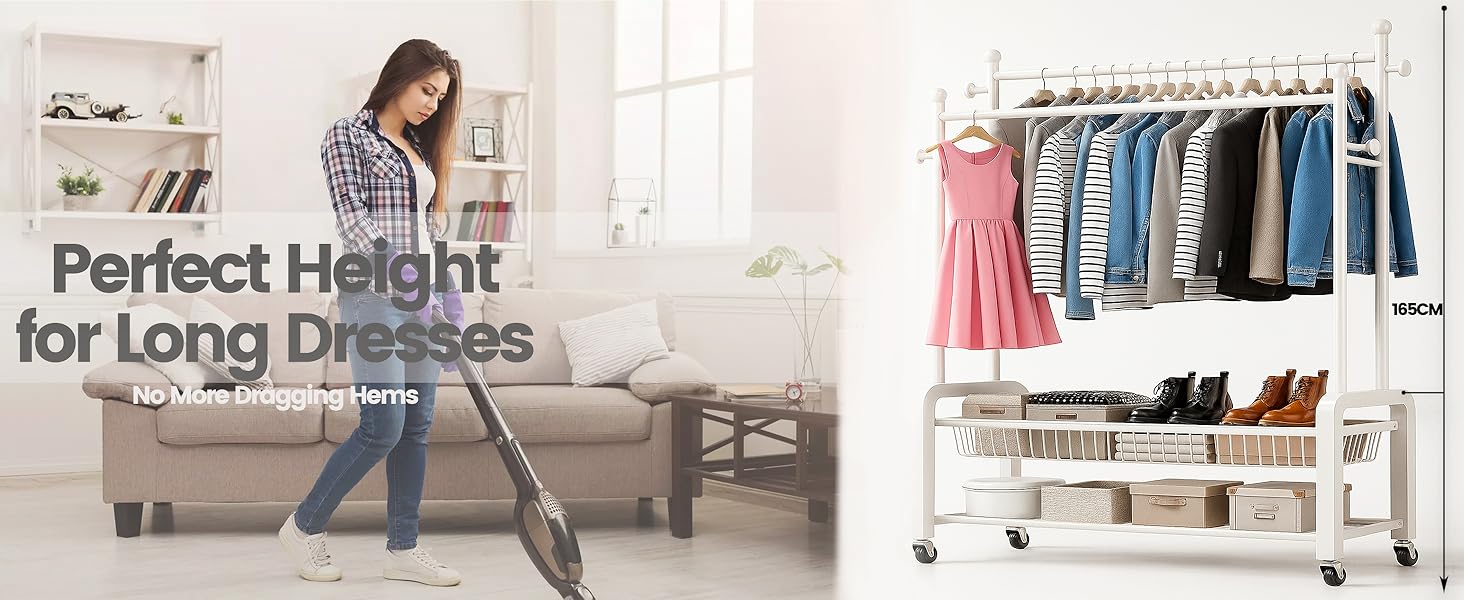 Стійка для одягу на колесах, двоярусна, з двома перекладинами (біла)