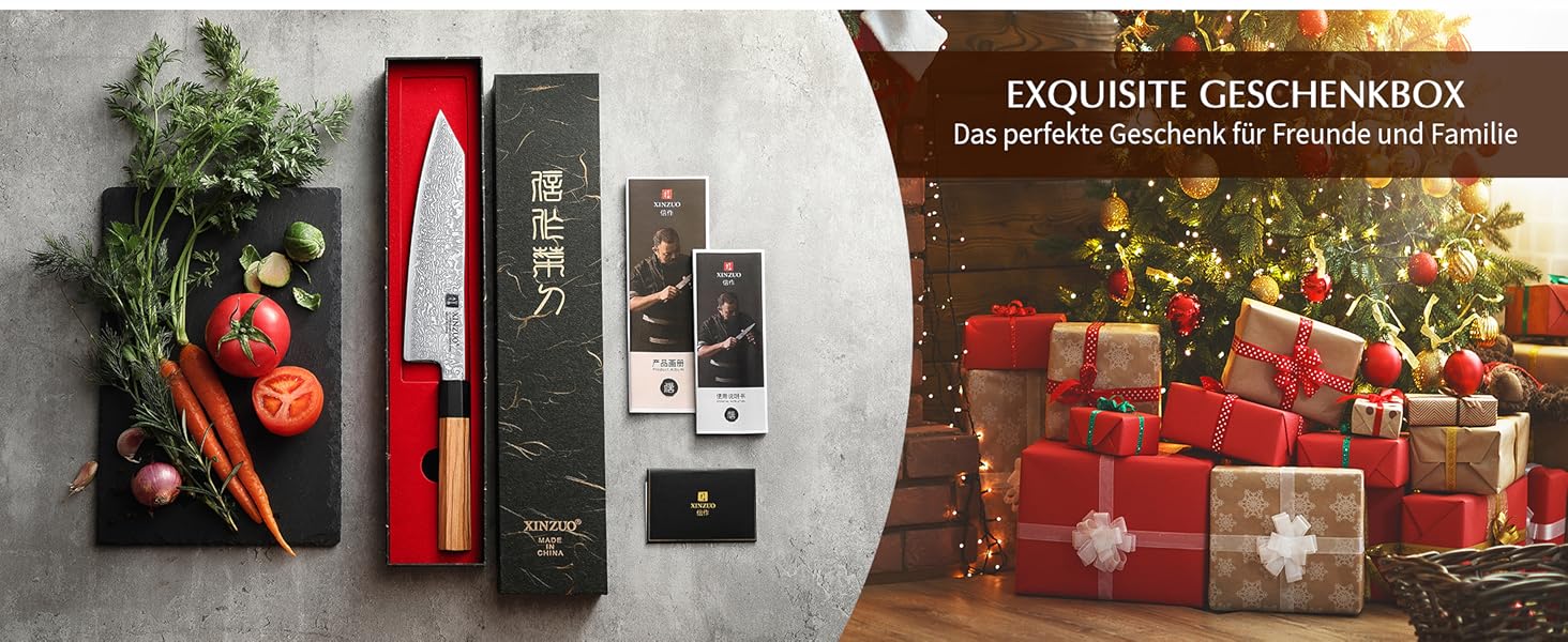 Японський ніж Kiritsuke XINZUO з дамаської сталі, 21.5 см, Gyuto, ручка з оливкового дерева та чорного рогу буйвола, ручна робота, з піхвою