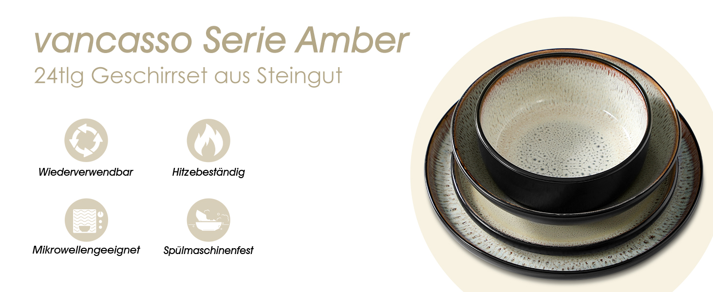 Набір посуду vancasso AMBER (24 шт) для 6 осіб: тарілки, супові тарілки, десертні тарілки, миски, з каменю, ручної роботи, смарагдовий колір, безпечний для миття в посудомийній машині