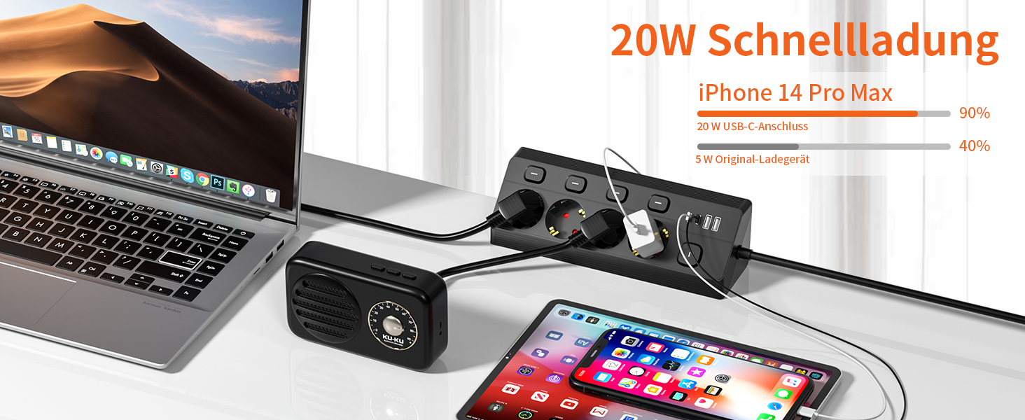 Мережевий фільтр (подовжувач) на 4 розетки з USB PD 20W, довжина кабелю 3 м, з індивідуальними вимикачами