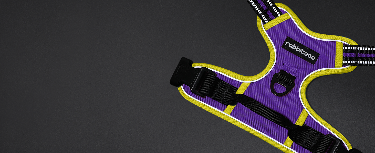 Нагрудник для собак Rabbitgoo середнього розміру, анти-тяга, регульований, для великих собак, дихаючий, зі світловідбиваючими смугами, безпечне керування, L (фіолетовий+жовтий, упаковка з 1 шт.)