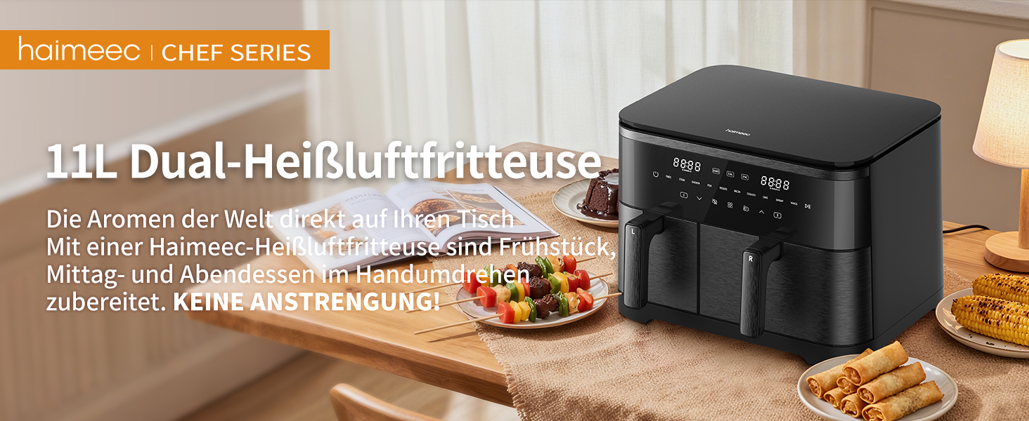 Електрична фритюрниця повітряна 11л, 2 камери з грилем, 10-в-1, без олії, з нагадуванням про струшування <60дБ, з антипригарним покриттям, 78 рецептів