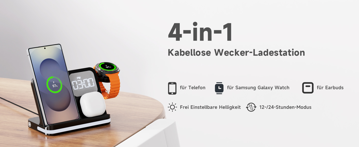 Універсальна зарядна станція 4-в-1 для Samsung Galaxy S25, Z Flip 6, Watch 7/Ultra, Buds 3 Pro з будильником та LED-підсвіткою, бездротовий швидкий зарядний пристрій для столу та тумбочки