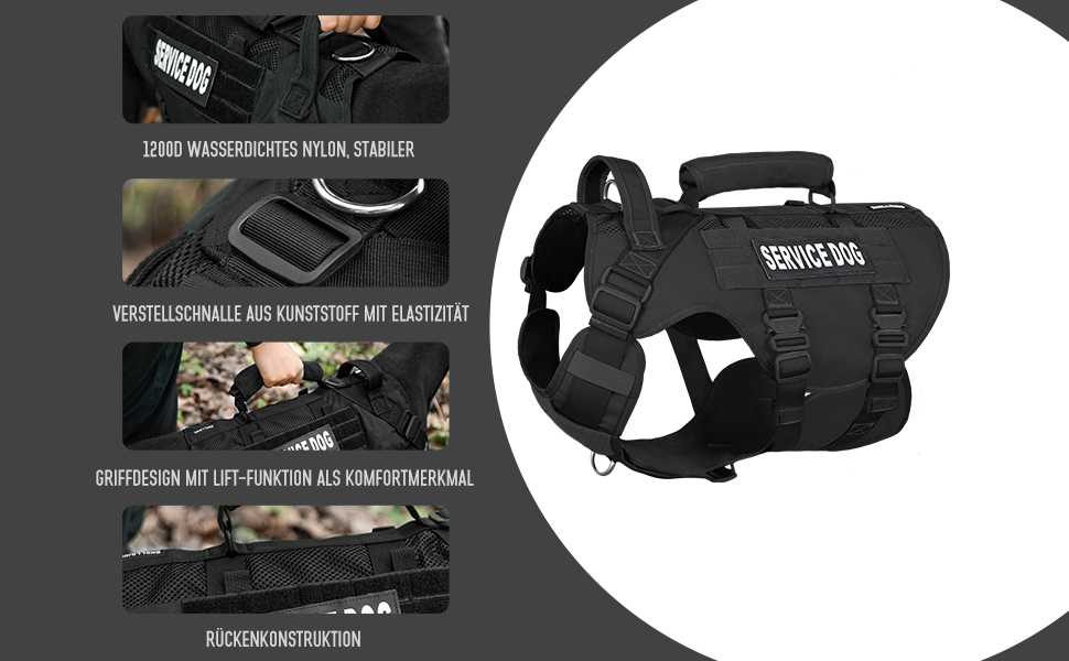 Тактичне облягання для собак, підтримуюче облягання для середніх та великих собак, Air Mesh регульоване облягання для службових собак з металевою застібкою 39g для навчання, прогулянок, чорний, розмір M (обхват шиї: 36-53 см, обхват грудей: 50-74 см)