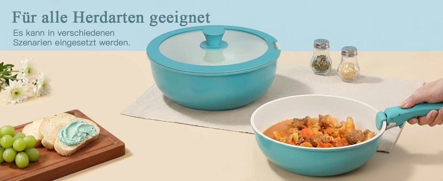 Набір посуду GiPP 11 предметів: сковорідки та каструлі з антипригарним покриттям, знімні ручки, сталевий, блакитний градієнт, для всіх типів плит, сумісний з духовкою