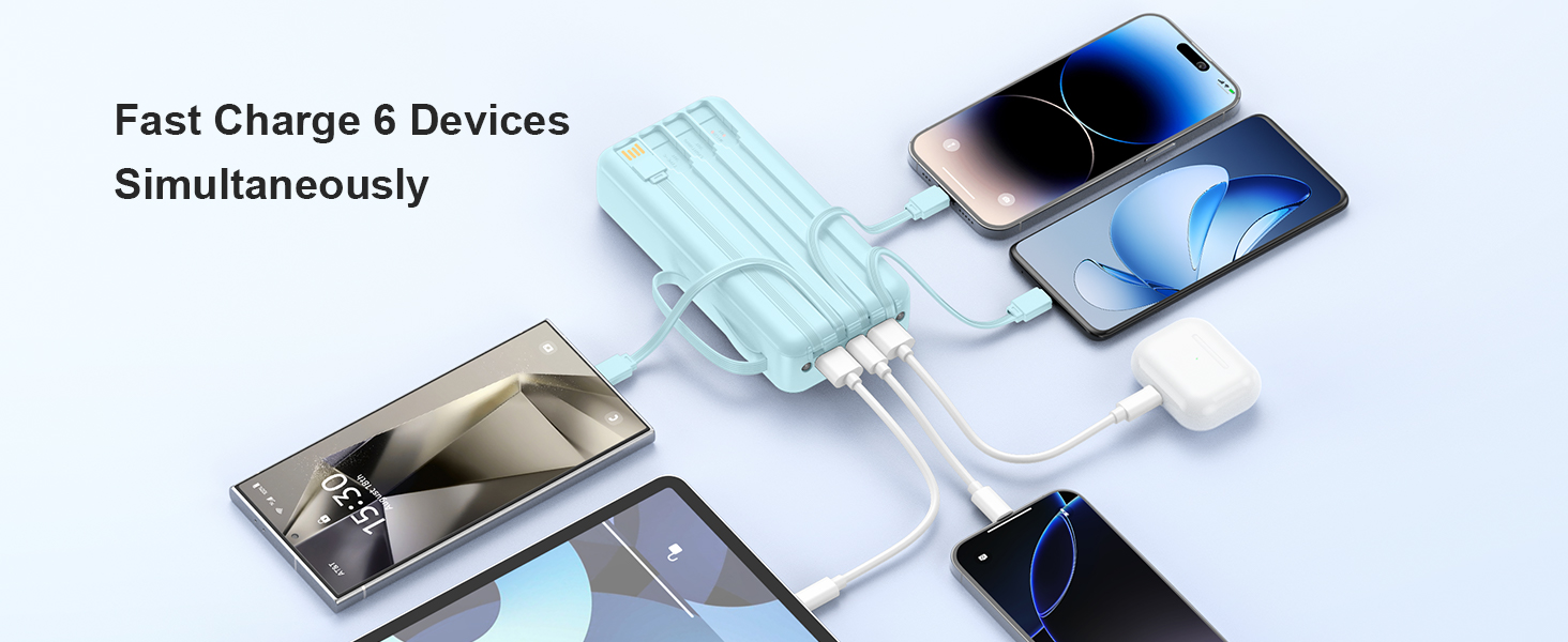 Power Bank 20000mAh, 22.5W, 6 виходів, 2 входи, LED дисплей, сумісний з iPhone, Samsung, Pixel, блакитний