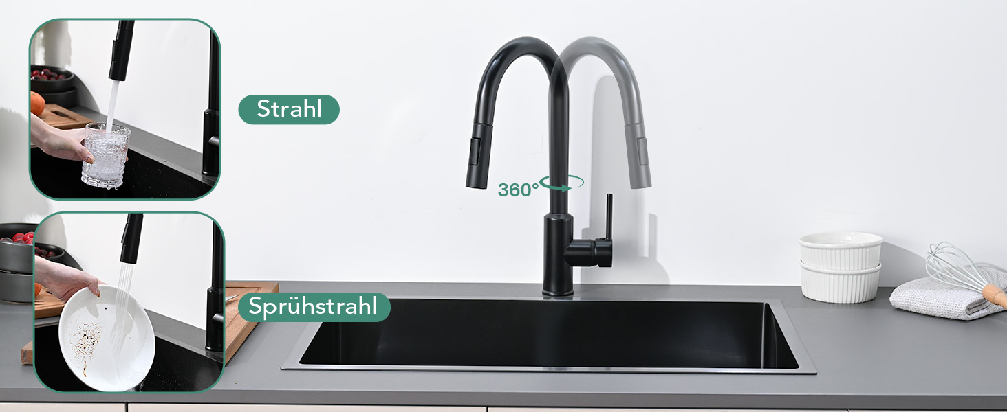 Змішувач кухонний з висувною лійкою та душем, 360° поворот, 2 режими, нержавіюча сталь, чорний