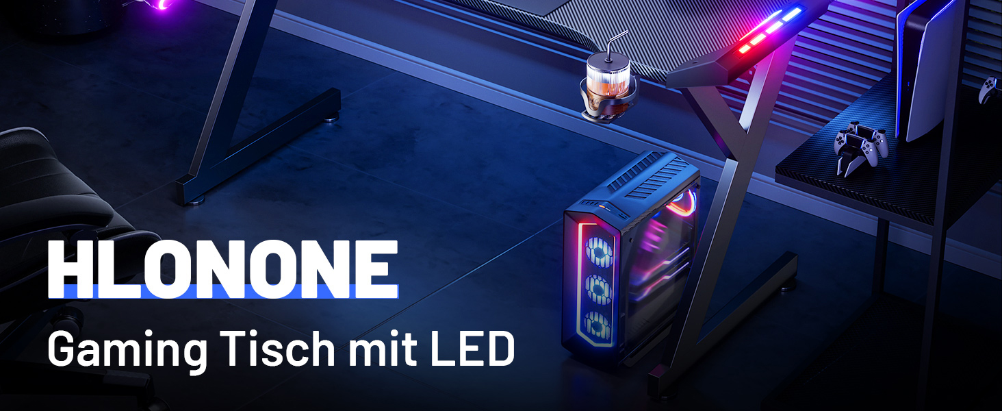 Ігровий стіл HLONONE з LED-підсвіткою, комп'ютерний стіл для геймерів 120 x 60 см, чорний