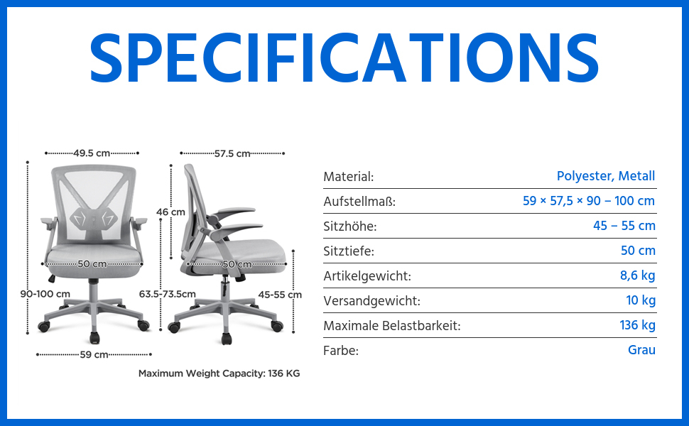 Офісне крісло Yaheetech з підйомними підлокітниками, сітчасте, ергономічне, з регулюванням поперекової підтримки, функцією гойдання та регулюванням висоти, сіре