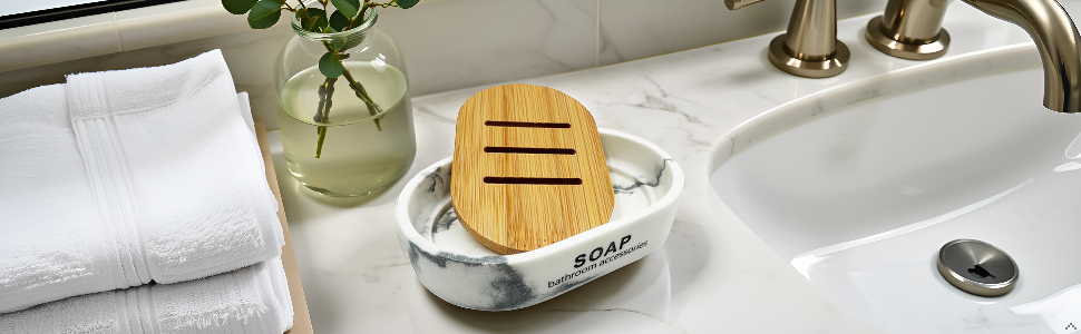 Миска для мила Marmor з бамбуковою підставкою – штучний камінь, 12,5 x 8 x 2,5 см