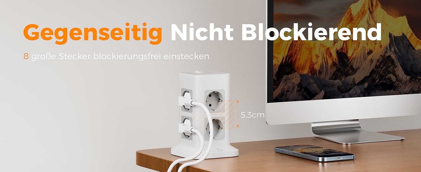 Розподільник розеток TESSAN з 8 розеток, 2 USB-C, захистом від перенапруги, 4 USB, вимикачем та кабелем 2м (сірий/білий)
