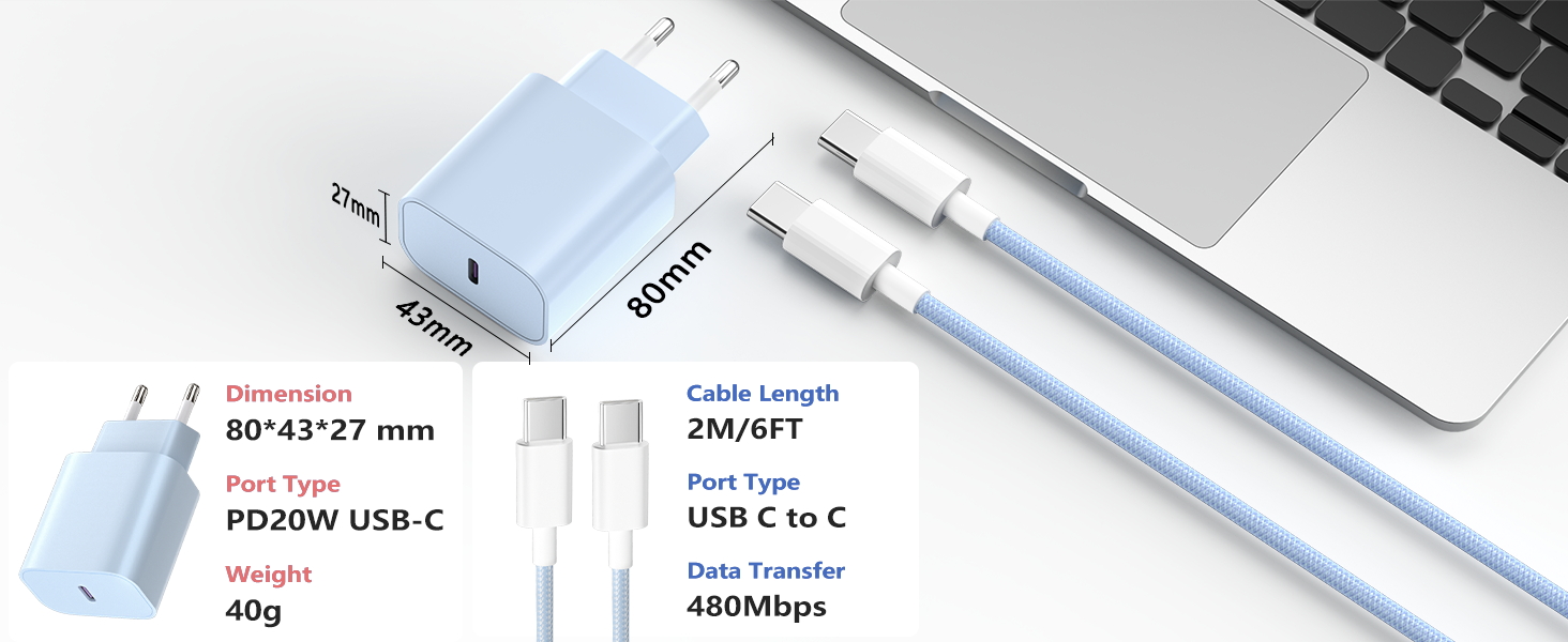 Зарядний пристрій USB-C 20W для iPhone 17/16/15 Pro/Plus, кабель Type-C 2м, PD3.0 - блакитний