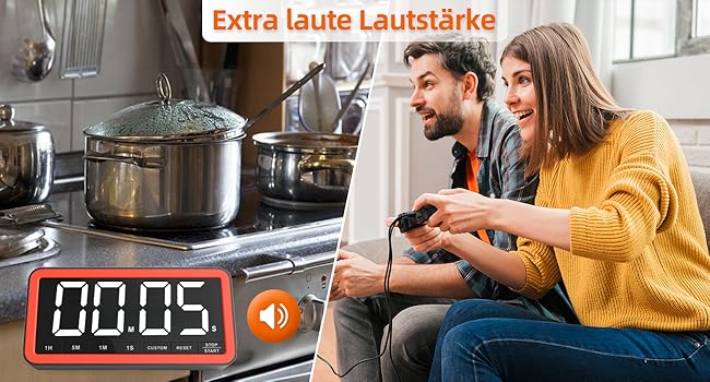 Великий цифровий таймер VOCOO з LED-екраном 19,8 см, магнітом, регульованою яскравістю і гучністю, 4 сигналами, кухонний таймер, для класу, спортзалу, чорний+помаранчевий