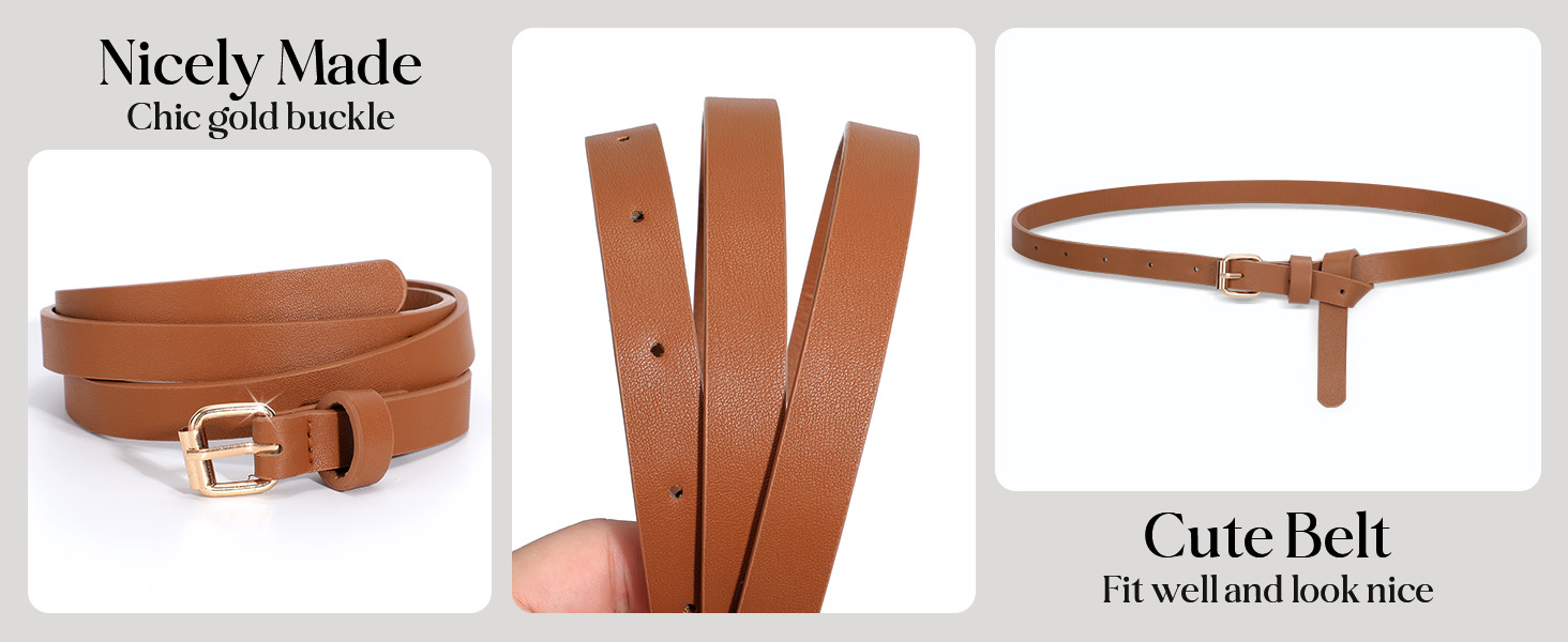 LEACOOLKEY Набір з 4 тонких шкіряних жіночих ременів для суконь та джинсів з золотою пряжкою (100 см) - чорний, коричневий, синій, бежевий