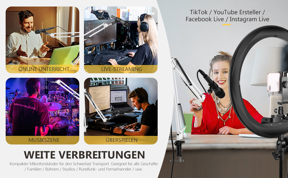 NEEWER Регульований мікрофонний стійка з підвісом, максимальне навантаження 1 кг, для радіо, телебачення, студійного запису та подій, сумісний з Blue Yeti Snowball Yeti X (білий)