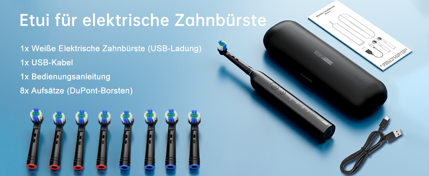Електрична зубна щітка Rotierende для дорослих з 8 насадками, 3 режимами чищення, акумулятором до 50 днів та Smart-таймером 2 хв - Чорна
