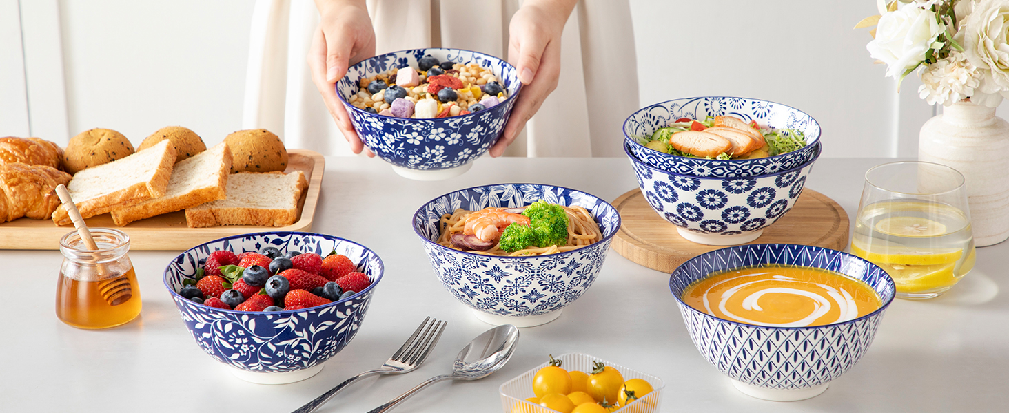 Набір мюслі-тарілок Vancasso Selene (6 шт.) з порцеляни, 720 мл – блакитно-білі керамічні тарілки для мюслі, салату, супу, рамену, фруктів та десерту