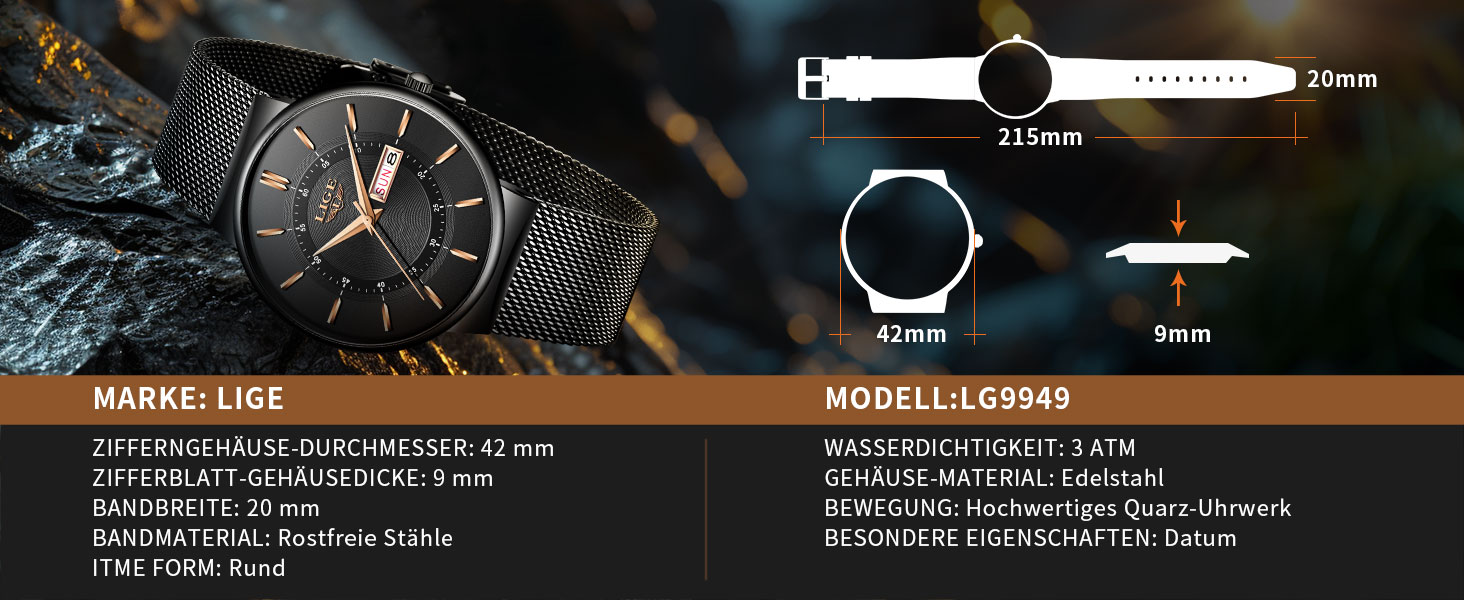 Годинник чоловічий LIGE з датою, водонепроникний, з нержавіючої сталі, аналоговий, вінтажний, кварцовий, чорний, для бізнесу, класичний, простий, з нержавіючої сталі, чоловічий годинник