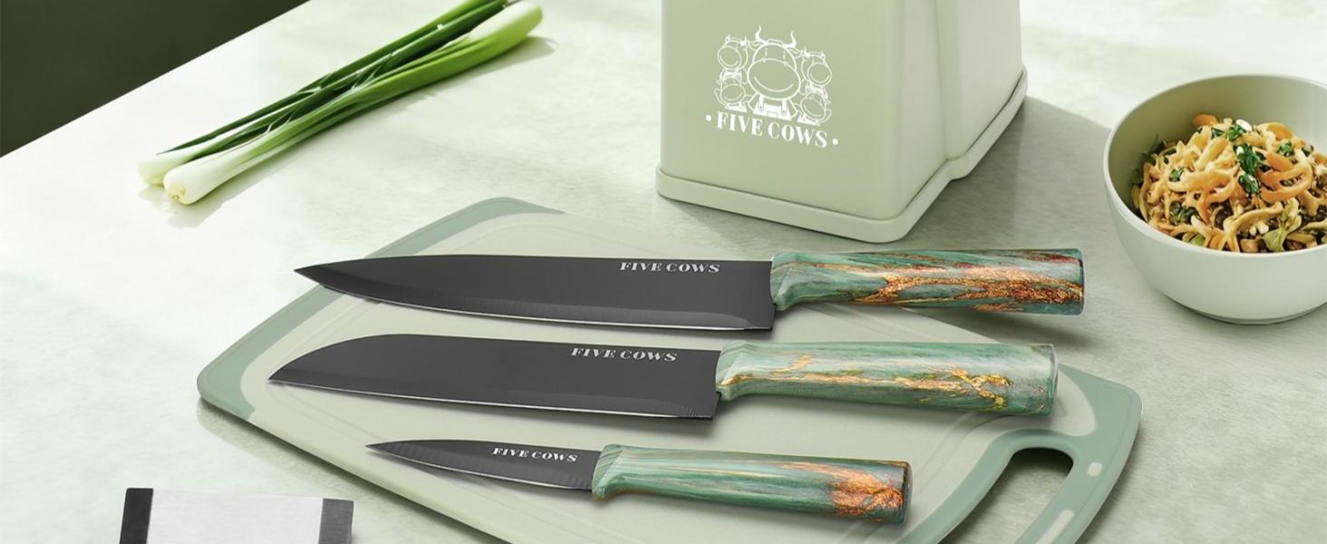 Набір кухонних ножів Messerblock з 16 частинами: ножі, обробна дошка, захист пальців, точилка та кухорізаки. Професійний набір для дому (зелений)