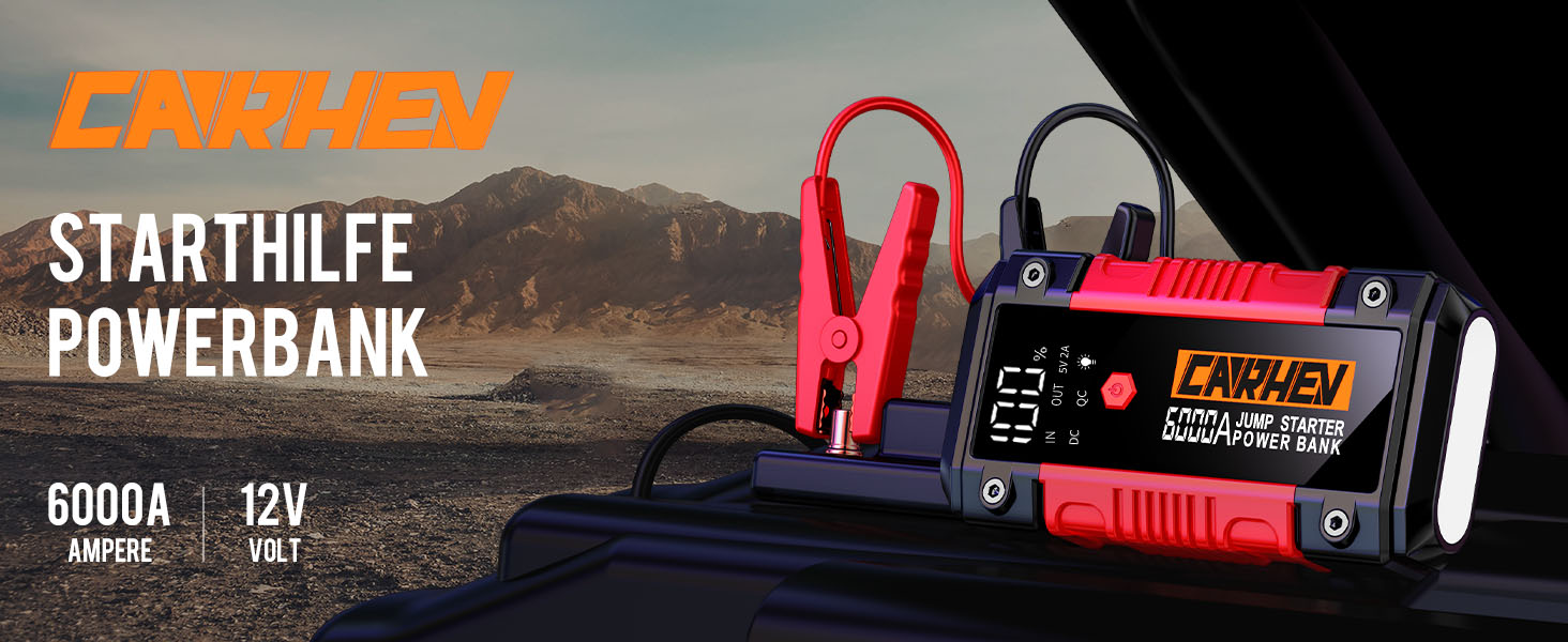 Портативний пусковий блок StarThilfe Powerbank для автомобіля, 6000A, 12V, для бензинових та дизельних двигунів до 10L, з LED ліхтариком