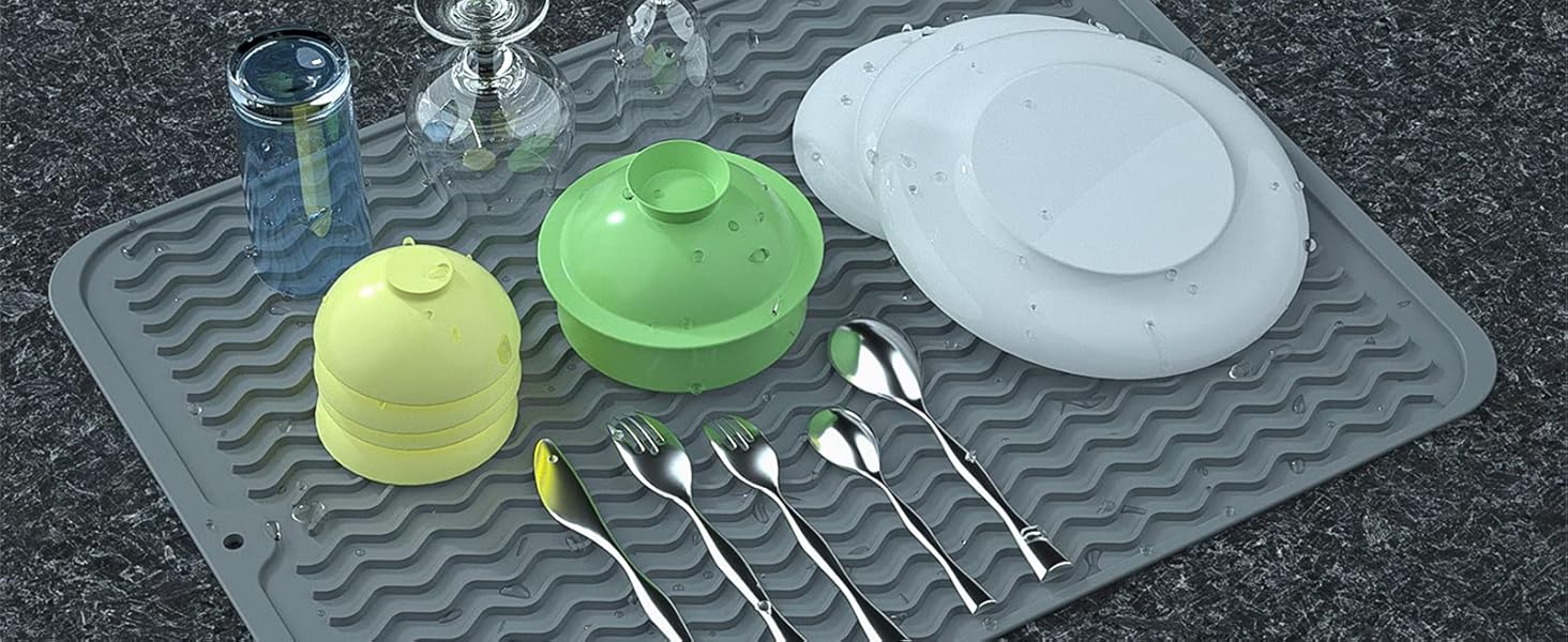 Силиконова підставка для посуду - 50 x 40 см. Без BPA, стійка до нагріву, не слизька. Підставка для сушіння посуду, чорна.