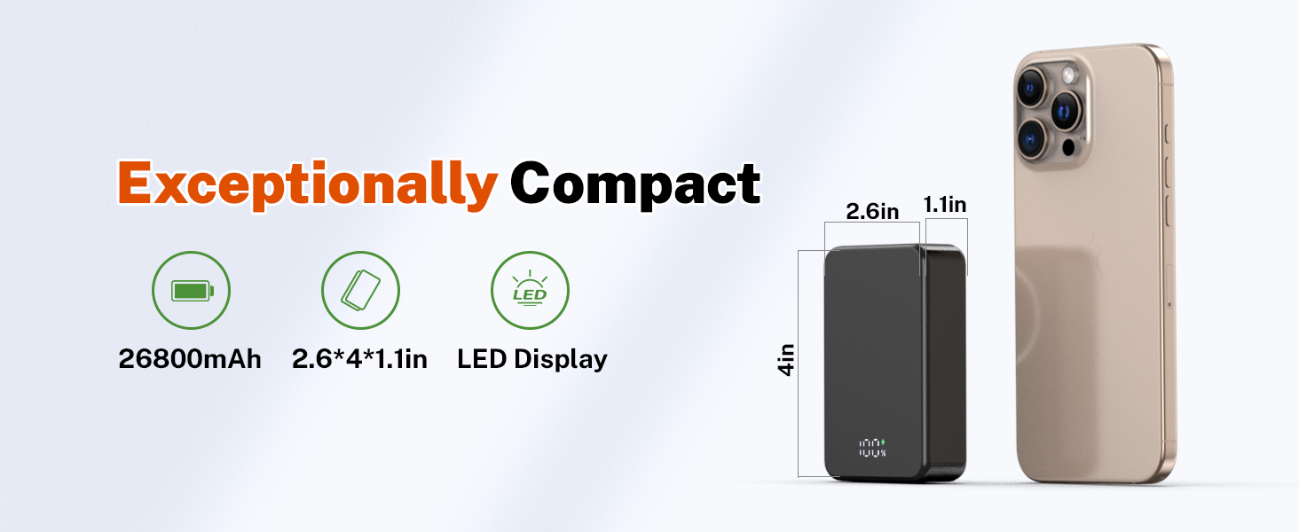Магнітний портативний Power Bank 26800mAh з USB-C, для iPhone 16/15/4/13/12 та Android, сірий/чорний