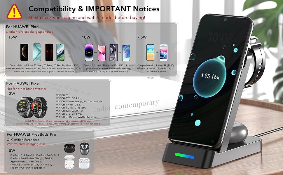 Бездротовий зарядний пристрій 3-в-1 для Huawei P60, P50, Mate 60, Mate 50, Watch GT4/GT3 (не підходить для GT/GT2/GT2e)