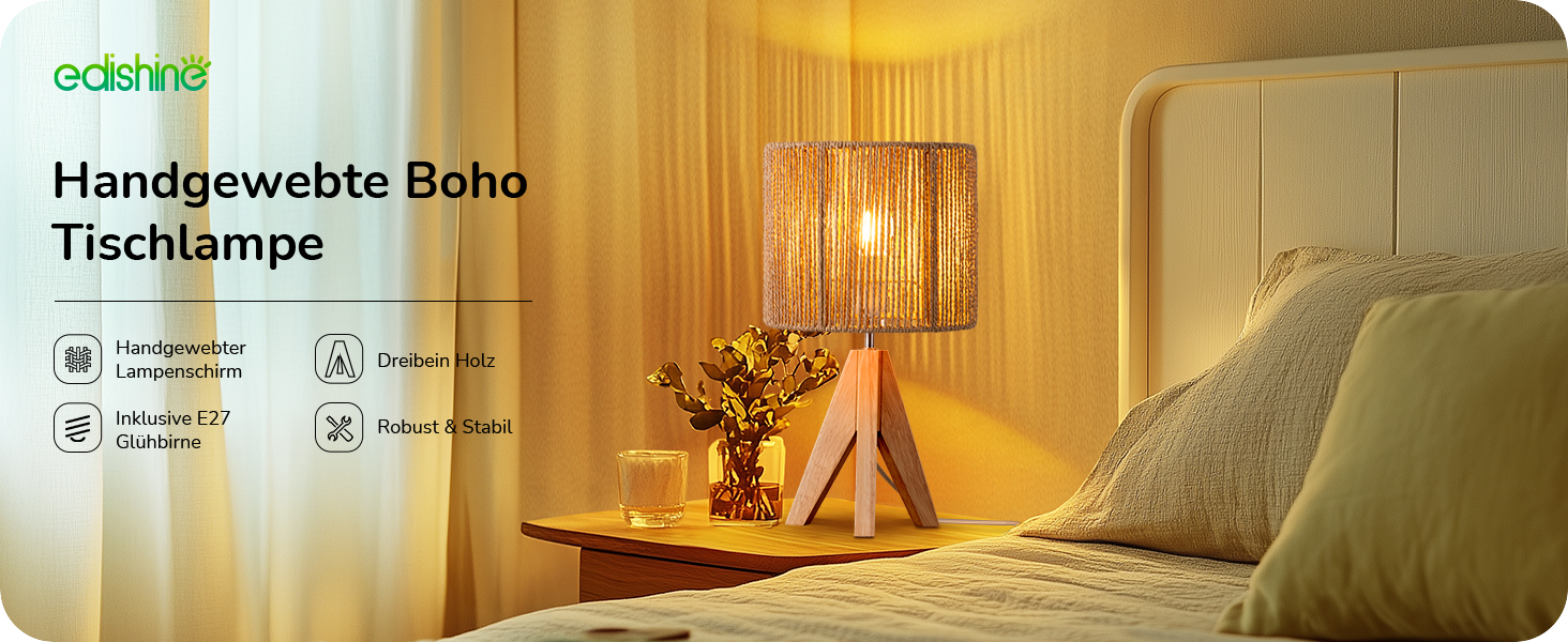 LED настільна лампа EDISHINE з абажуром з ручної роботи та дерев'яною ніжкою, 2700K, тепле біле світло, бохо стиль, для спальні, вітальні, готелю, з лампочкою E27 4W, в'язаний паперовий шнур