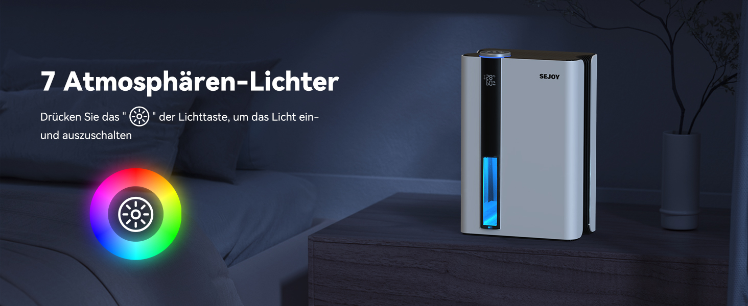 Електричний осушувач повітря Sejoy з пультом дистанційного керування, LED-індикатором вологості, резервуаром 2,5 л, продуктивністю 1000 мл/день, 7-кольоровою підсвіткою, портативний, тихий режим сну 35dB