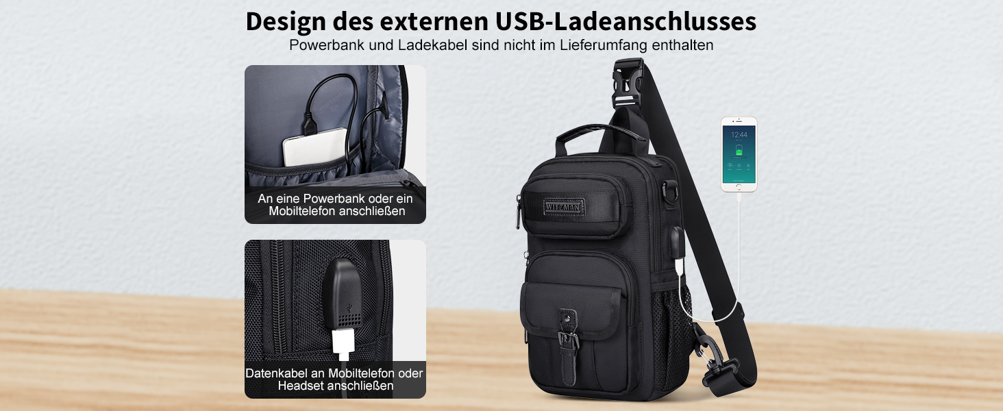 Сумка-слінг чоловіча WITZMAN для подорожей, нагрудна сумка, 8L, USB-порт для зарядки, легка чоловіча/жіноча сумка на плече