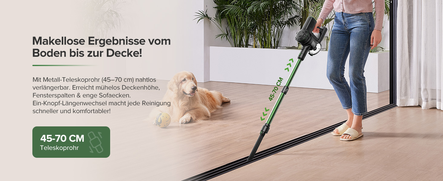 Бездротовий пилосос Vexilar Akku: 60 хвилин роботи, 45 kPa, 550 W, безщітковий мотор, LED дисплей, 6-в-1, тихий, для дому/авто, тверді підлоги, килими, шерсть тварин, зелений