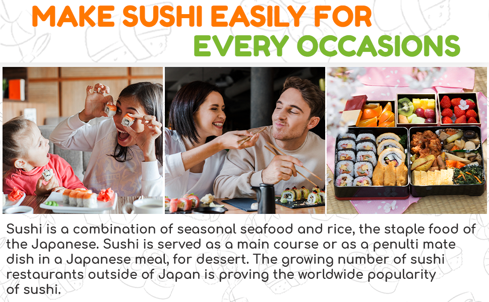 Набір для приготування суші 11 шт. - бамбуковий набір для суші: килимок, сервірувальний комплект для початківців, 2 килимки, 5 пар паличок для їжі з сумкою, ложка для рису, роздільник, сервірувальний піднос, тройна соусниця, Ebook