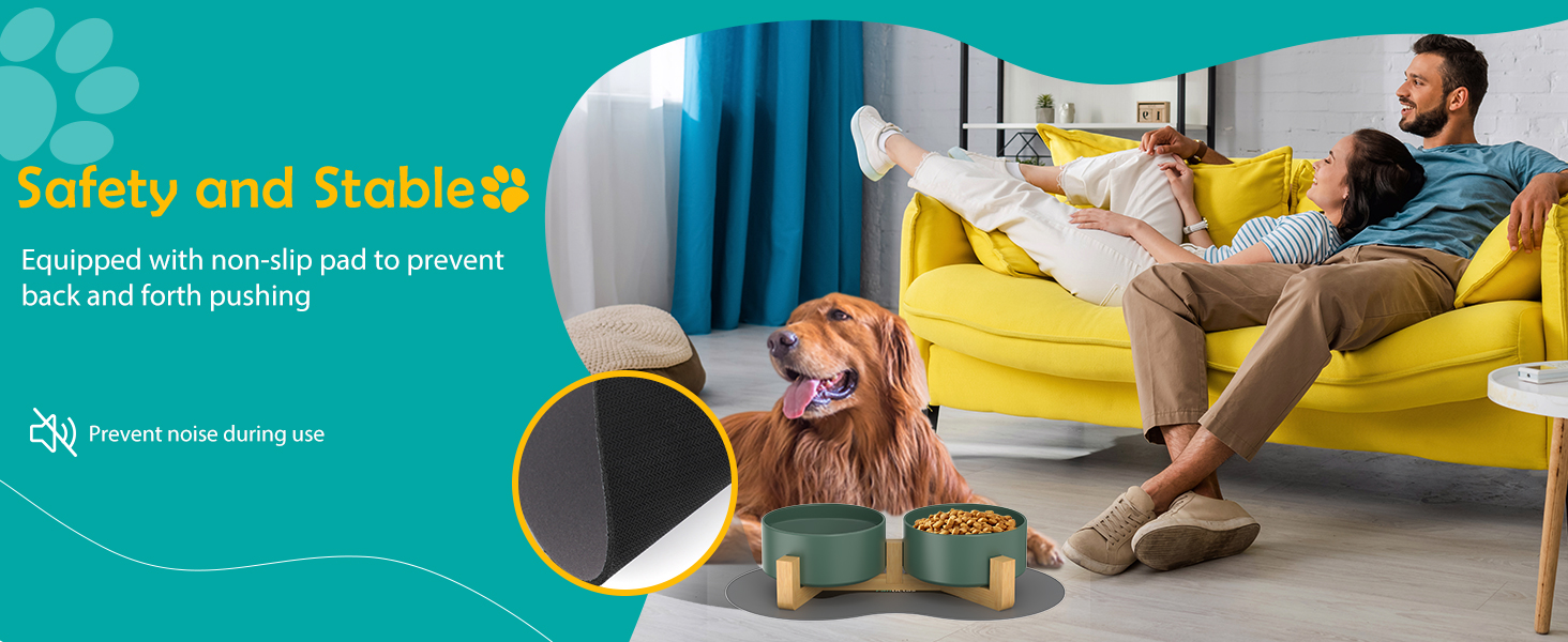 Doppel 850ml Ceramic Dog Bowl - Elevated Food and Water Bowl with Bamboo Stand & Non-Slip Mat for Medium & Large Dogs