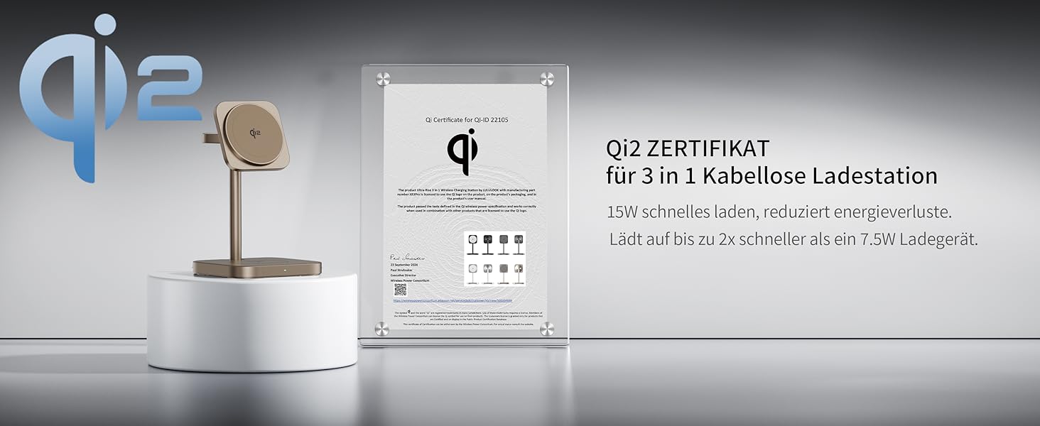 Станція зарядки LULULOOK Qi2 MagSafe 3 в 1 з алюмінію для Apple Watch та iPhone з підтримкою швидкої зарядки 15W (для iPhone 17 Pro Max/17 Pro/17 Air/17) та 5W (для Apple Watch Ultra, AirPods), титан