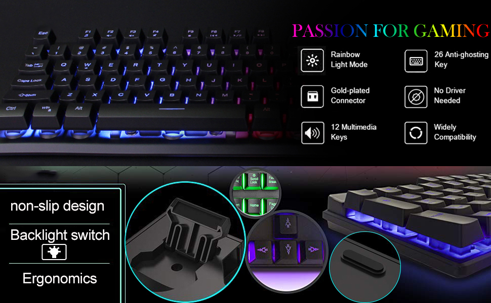 Ігровий набір клавіатури та миші UK-Layout 4-в-1 з підсвічуванням Rainbow, миша 2400 DPI, навушники, килимок для миші (K&M-Black)