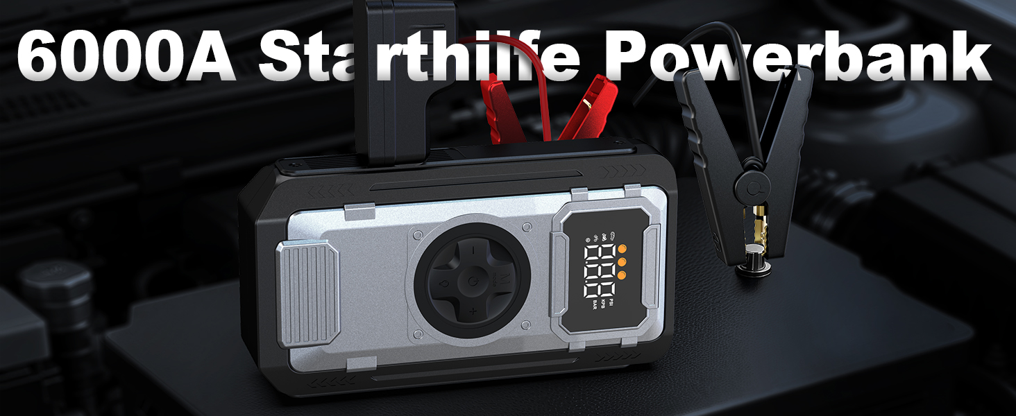 Powerbank-пусковий пристрій Acmount 6000A для авто: 12V, USB, LCD-дисплей (срібний)