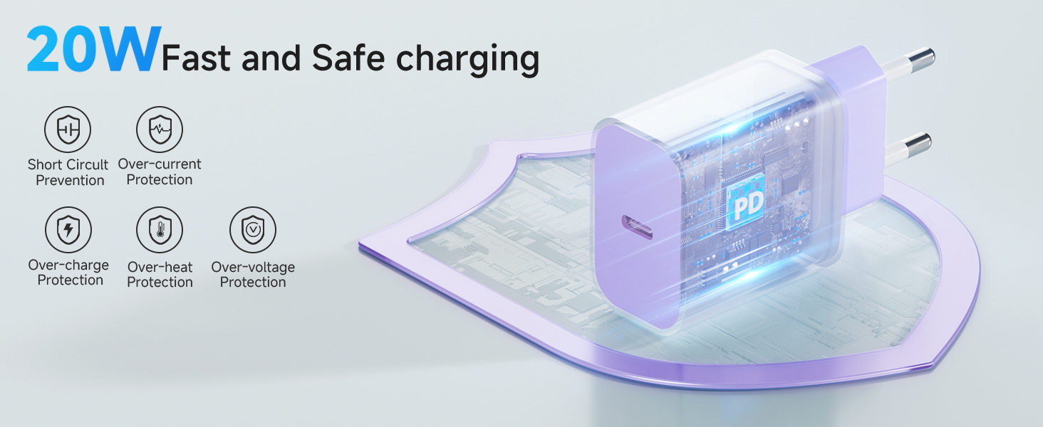 Зарядний пристрій USB-C 20W з кабелем Type-C 2м для iPhone 16/15/Pro/Air - комплект 2 шт. (Ліловий + Синій)