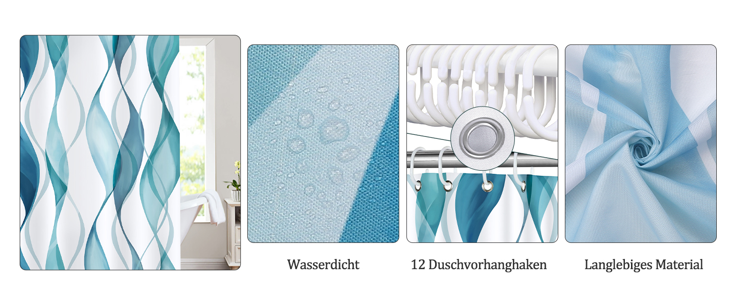Шторка для душу Bonhause 180x180 см, водонепроникна, антигрибкова, смугаста, поліестер, для ванної кімнати, з 12 кільцями, колір Teal
