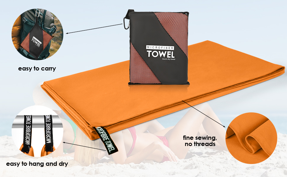 Набір з 3 рушників з мікрофібри, 180x80 см + 2 рушники 80x40 см, для фітнесу, сауни, пляжу, подорожей, темно-зелений (оранжевий)