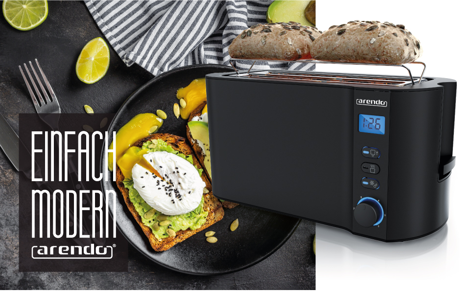 Тостер Arendo з нержавіючої сталі з 4 широкими слотами, подвійними стінками, тримачем для булочок, 6 ступенів підсмажування, центровкою хліба, автоматичним вимкненням та дисплеєм з індикатором часу (чорний)