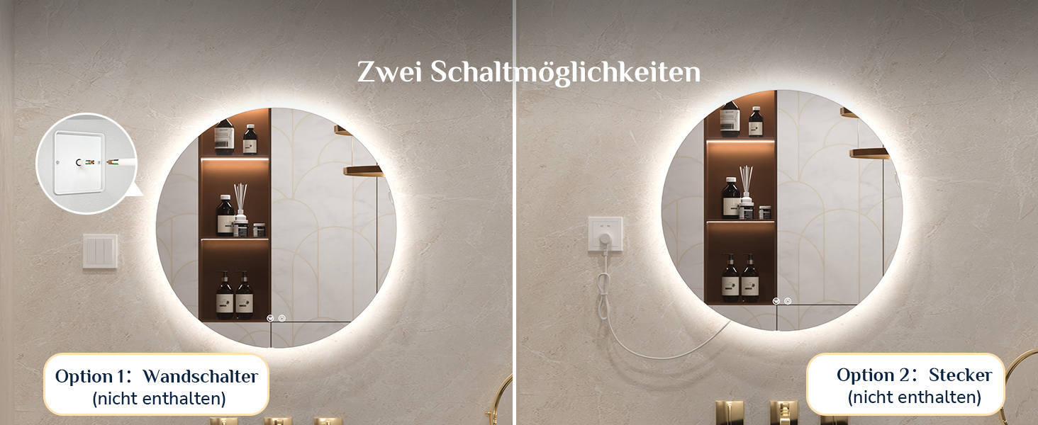 Дзеркало для ванної кімнати Keonjinn кругле, 60см з підсвічуванням, антизапар, сенсорне управління, пам'ять, 3 кольори світла, регулювання яскравості, LED, без рамки